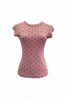 A pink short-sleeve crewneck top with a black polka dot pattern, displayed on a ghost mannequin against a plain white background, Obroi