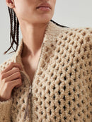 Women Argyle Holllow Out Crochet Knit Sweater Zipper Stand Collar Wool Blend Cardigan Fall Female Long Sleeve Sweater Coat