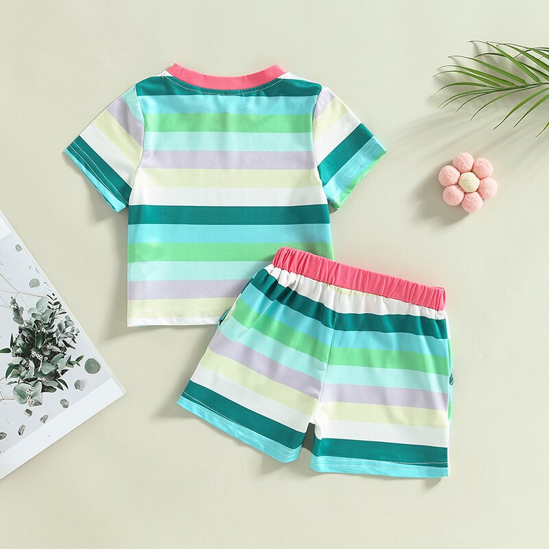 Children Baby Girls Clothes Set Short Sleeve Striped Letters T-Shirt + Casual Shorts 2pcs Summer Outfit