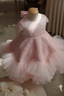 A light pink girls' party dress displayed on a mannequin torso. The dress features a lace bodice with a small bow at the neck, short flutter sleeves, and a layered tulle skirt, Obroi