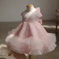 A light pink girls' party dress displayed on a mannequin torso. The dress features a lace bodice with a small bow at the neck, short flutter sleeves, and a layered tulle skirt, Obroi
