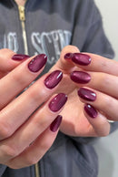 Burgundy Cat Eye Press-On Nails Glossy Fake Nails Set with Jelly Nail Glue Reusable Manicure Kit for Women