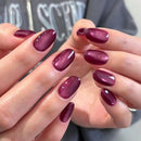 Burgundy Cat Eye Press-On Nails Glossy Fake Nails Set with Jelly Nail Glue Reusable Manicure Kit for Women