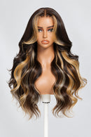Butterscotch Highlights Brown Loose Wave Human Hair Glueless Wig with Face Framing Layers