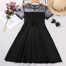 Girls Short Sleeve Contrast Dobby Mesh Bow Front Dress Children Elegant Princess Party Dresses Girls Casual Dresses