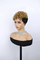 A short curly wig with a two-tone color scheme of golden blonde and black, styled on a female mannequin bust wearing a silver rhinestone choker and a black off-the-shoulder top. The Obroi logo is visible in the top left corner, Obroi