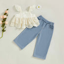 Baby Little Girl Pants Set Floral Ruffled Lace Tops Elastic Waist Denim Pants Summer Outfit 1-6T