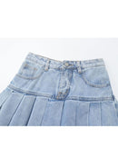 Women Punk Denim Mini Pleated Skirt Ladies Summer Vintage High Waist Ruffles Jean Skirts