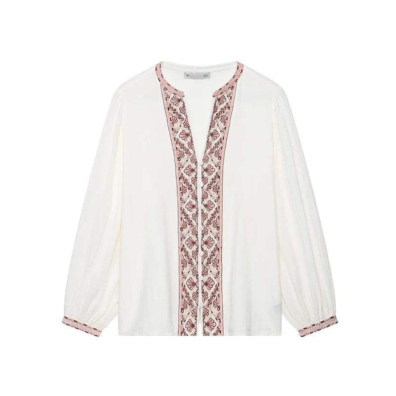 Women Embroidery Single Breasted Blouse Female Chic Lady Shirts