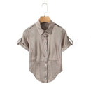 Women Apricot Roll-up Sleeve Safari Satin Shirt Blouse Single Breasted Female Fishbone Summer Crop Top