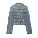 Denim jacket with button details on a white background, Obroi