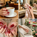 Collage of four images: a hand holding a cup of coffee, hands tying a pink ribbon, close-up of red nail art, and a white wicker chair with flowers, Obroi