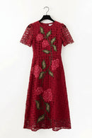 Spring Women's Round Neck Short Sleeve Hollow Embroidered Waist cinching Dress
