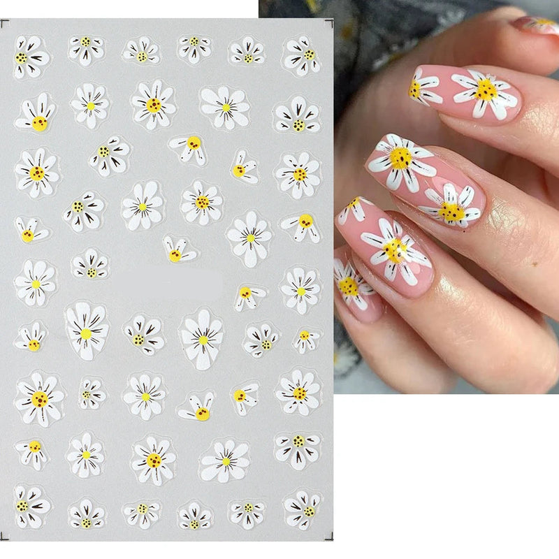 White Flowers Nail Stickers Summer Small Daisy Floral Leaves 3D French Line Nail Art Decorations Self-Adhesive Slider Manicure
