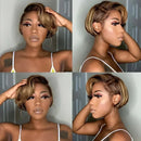 A four-panel collage showing a woman modeling a short, layered wavy wig. The top-left panel shows a front view with one hand touching the hair, the top-right shows a side profile view, the bottom-left shows a front view with the other hand, and the bottom-right shows a side profile view, Obroi