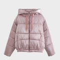 Pink puffer jacket with a hood on a white background, featuring the brand 'Obroi.