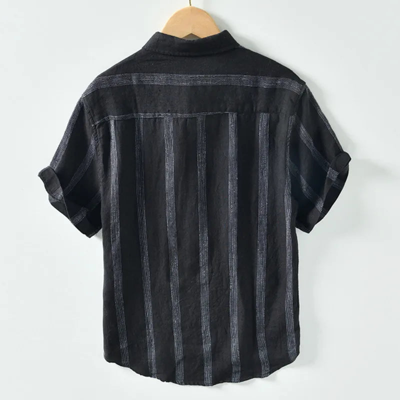 Linen Men Short Sleeve Shirt Chest Pocket Striped Stand Collar Shirts Casual Summer Comfortable Tops Shirt Man