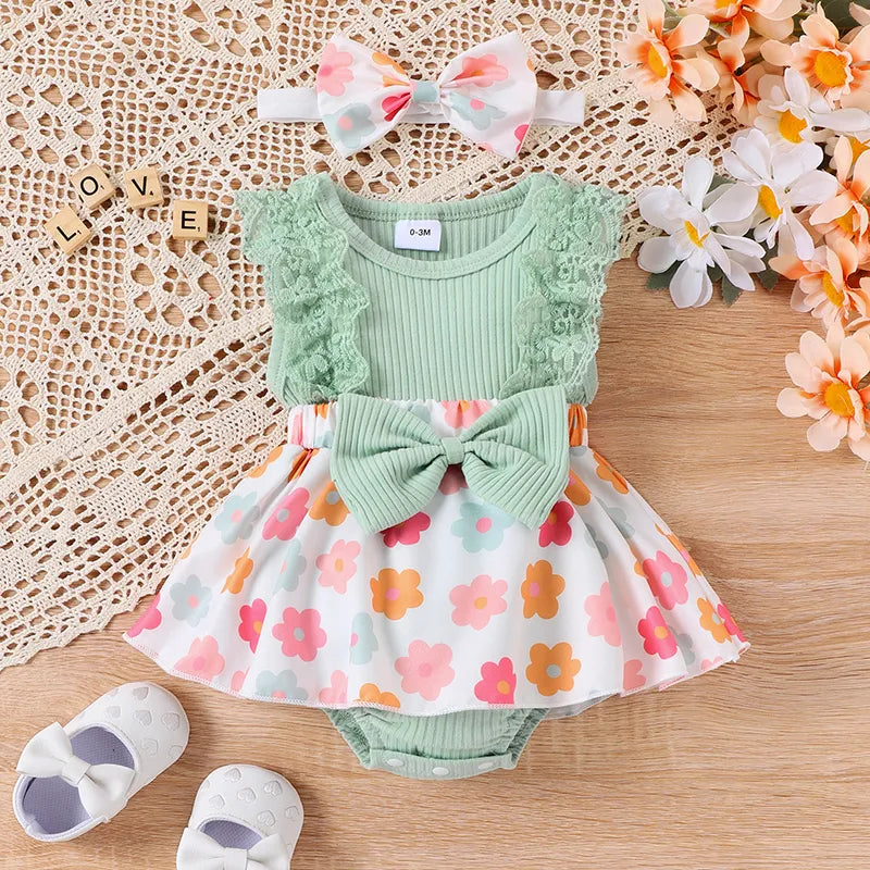 Summer Newborn Baby Girl Outfit Sleeveless Flower Lace Patchwork Bodysuit Dress Bowknot Hairband Clothes