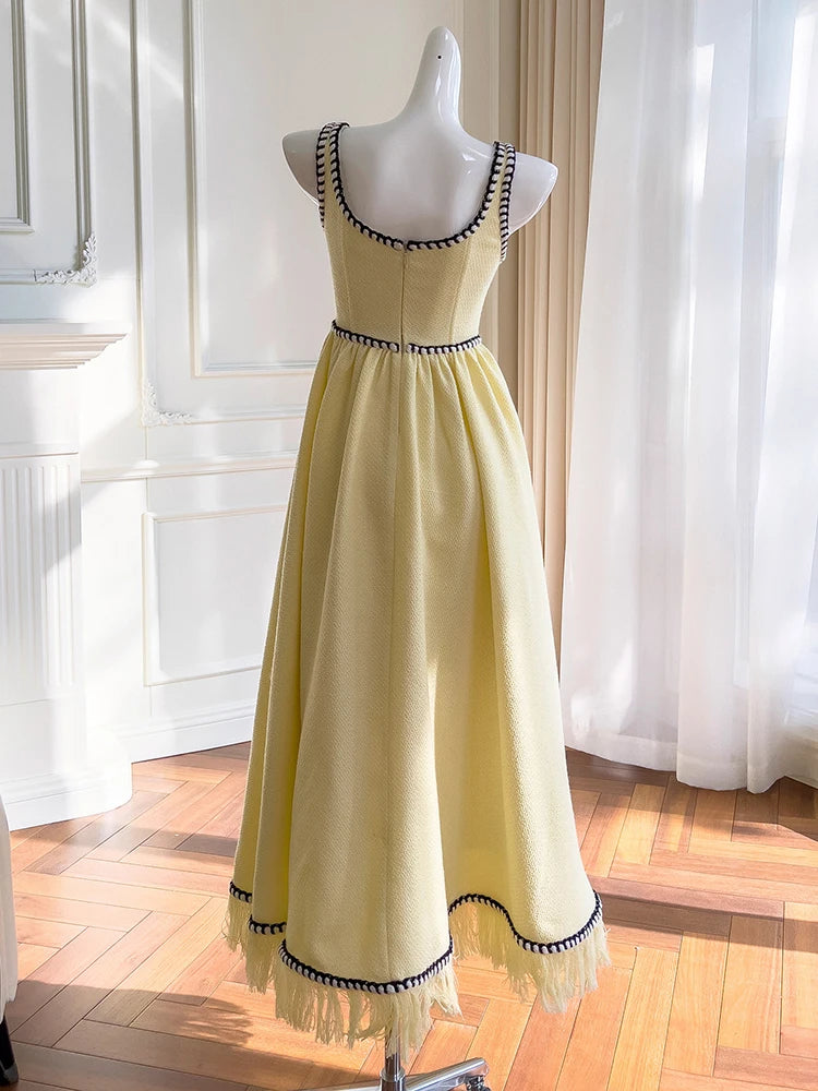 French Elegant Tweed Thick Straps Dresses For Women Square Collar Sleeveless Vintage Maxi Bottom Dress