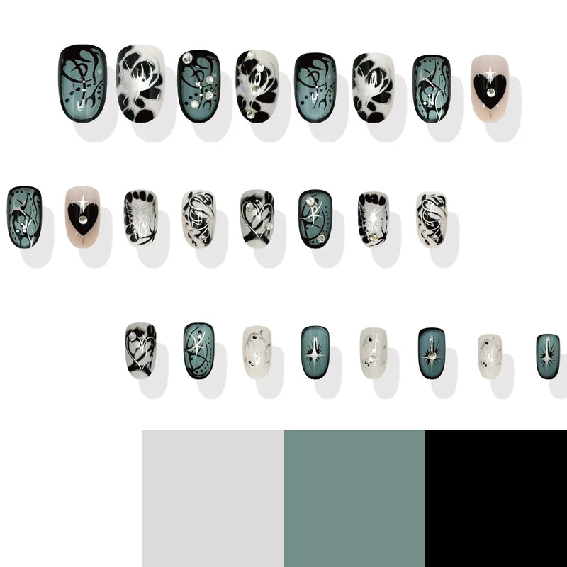 24pcs Gothic Metal Fake Nails Silver Nails 3D Rhinestone Butterfly Decor Almond False Nails Short Oval