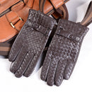 Men's Leather Winter Warm Formal Woven Design Classical Driving Riding Touch Screen Short Gloves