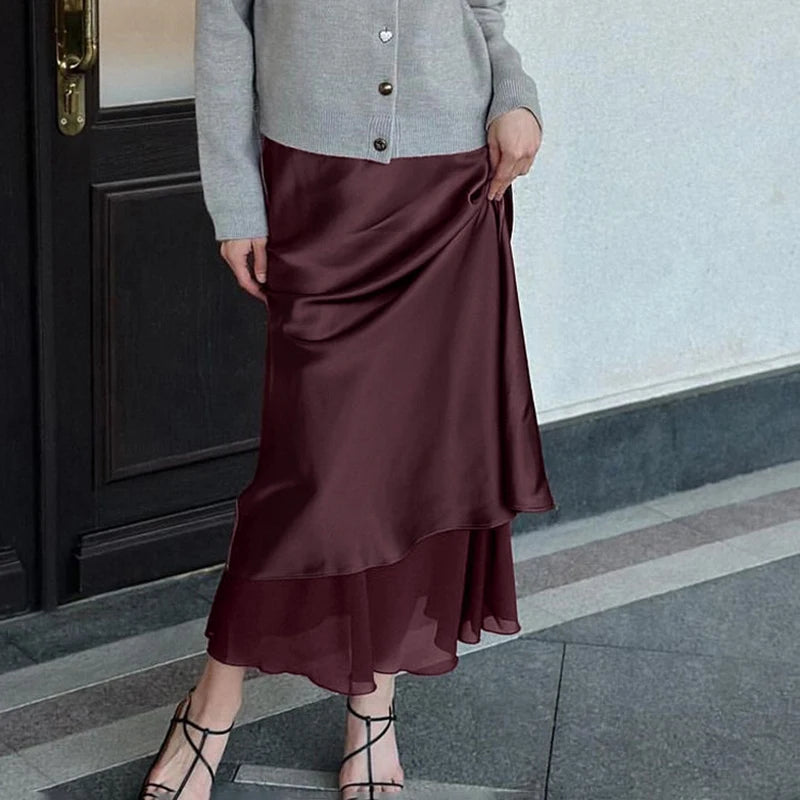Elegant Satin Skirts For Women Mesh Double-layer Splicing Lady Solid Bodycon Skirt
