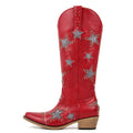 Women Embroidery Star Western Cowgirl Boots Pointed Toe Side Zipper Knee High with Heel Boots