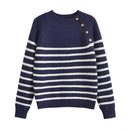 Vintage Women Navy Blue Striped Button Sweater Long Sleeve Round Neck Female Autumn Winter Pullover Tops