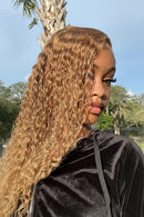 Collage of a woman with blonde curly hair outdoors, Obroi