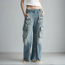 Patchwork Denim Pant For Women High Waist Spliced Wide Leg Pants Female