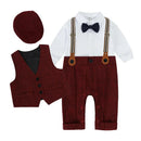 Baby boy outfit set with maroon vest, pants, hat, and shirt on a white background, Obroi