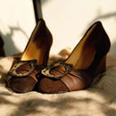 Brown Satin Wedges Pumps for Women Round-toe Pleated Designer Shoes