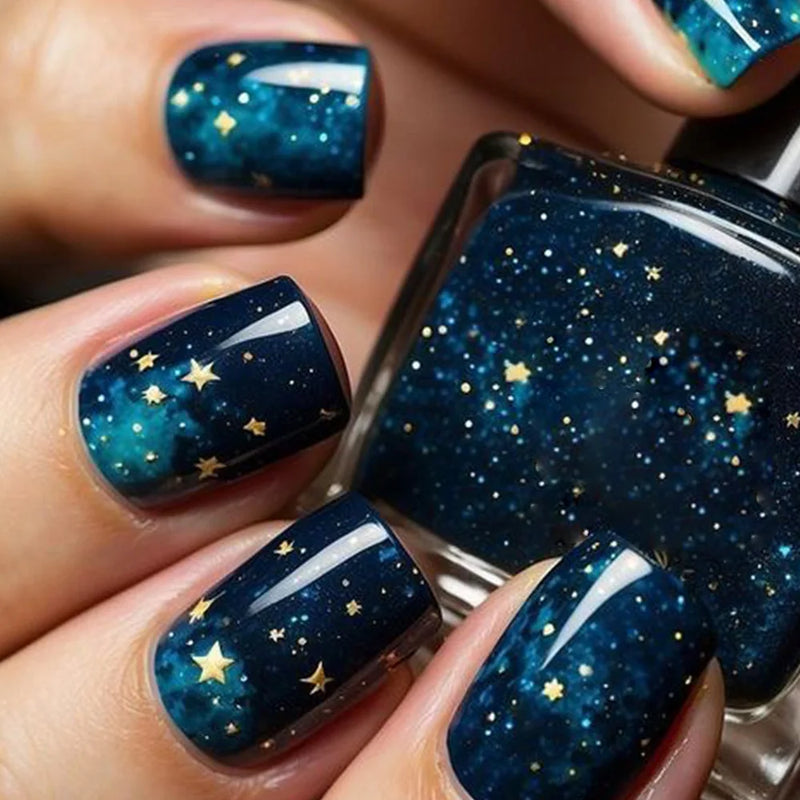 24pcs Retro Dreamy Fake Nails Moon Star Acrylic Press on Nails Vivid Fish Gel on Nail Sweet Cool Flower False Nails Short Square