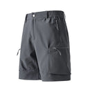 Gray shorts with zippers and buttons on a white background, Obroi