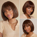 Three images of a woman with a short brown bob hairstyle, wearing a beige top, Obroi