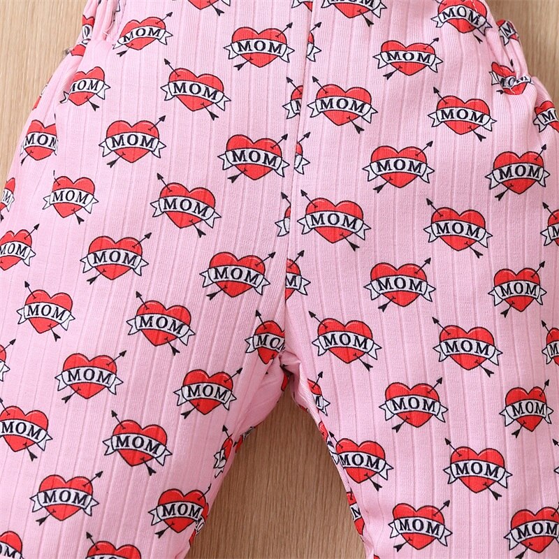 Toddler Kid Baby Girls Valentine Day Casual Jumpsuit Pink Sleeveless Heart Suspender Flared Pants Outfit