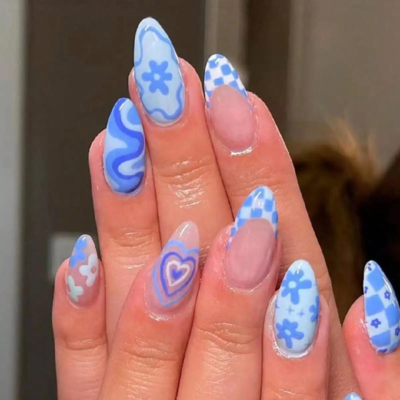 Almond fake nails blue heart flowers speckled pattern