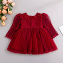 Baby Girls Burgundy Lace Tulle Dress Pearl Waist Princess Gown For Birthday Wedding Holiday Party