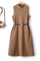 Elegant Women Autumn Sleeveless Hepburn Belt Over The Knee Female Dress