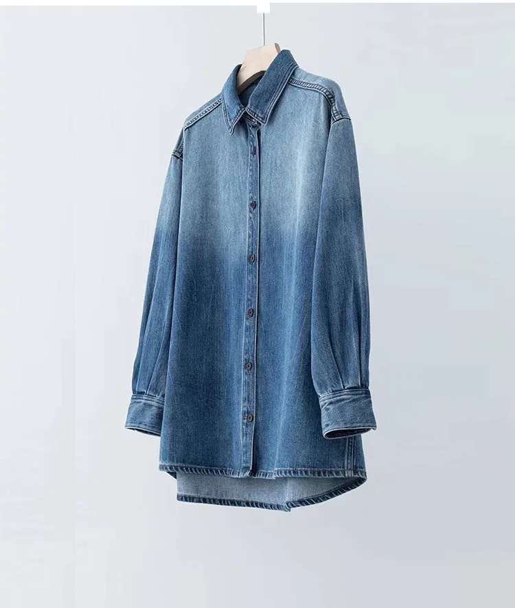 Women's Loose denim blouse turn-down collar long sleeve casual lady shirt tops