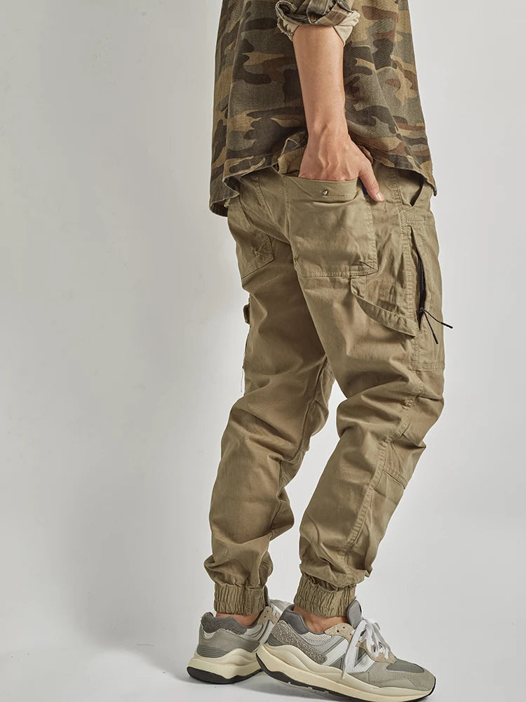 Autumn American Retro Woven Cargo Pants Men's Washed Elastic Waist Drawstring Loose Casual Ankle-tied Trousers