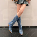 Mid Calf Boots Pointed Toe Winter Boots Women Thick High Heels Western Boots