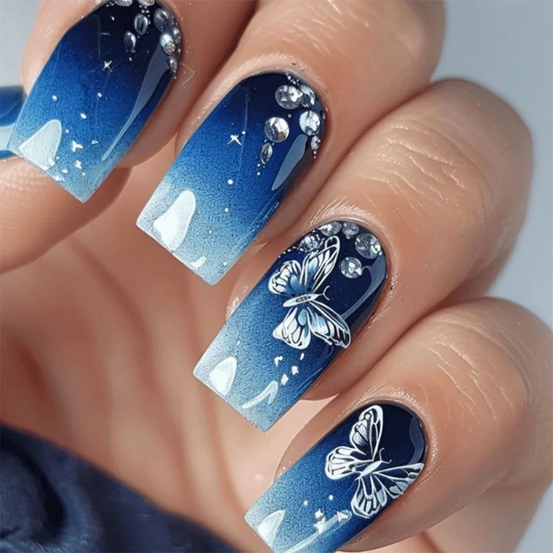 24pcs Plaid Pattern Nail Shimmery Gold Sequins Bowknots Designs False Nail With Press On Nail