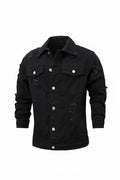 Men's Ripped Black Denim Jacket Distressed Jean Coat Casual Streetwear Lapel Long Sleeve Outerwear