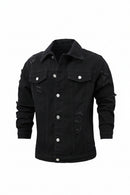 Men's Ripped Black Denim Jacket Distressed Jean Coat Casual Streetwear Lapel Long Sleeve Outerwear