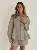 Linen Piece Sets Women Outfit Elegant Long Sleeve Shirt With High Waist Shorts Set Female