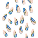 Almond Press on Nails Medium Fake Nails Pink Acrylic False Nails with Blue Marbling Designs