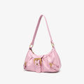 Pink handbag with gold accents on a light gray background, Obroi