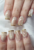 24Pcs Simple Gold French Nails Sets Square Press on Nails Tips Shiny Full Cover Art Nail