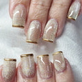 24Pcs Simple Gold French Nails Sets Square Press on Nails Tips Shiny Full Cover Art Nail